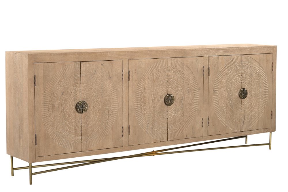 95" Natural And Antiqued Gold Solid Wood Carved Geometric Sideboard with Six Doors