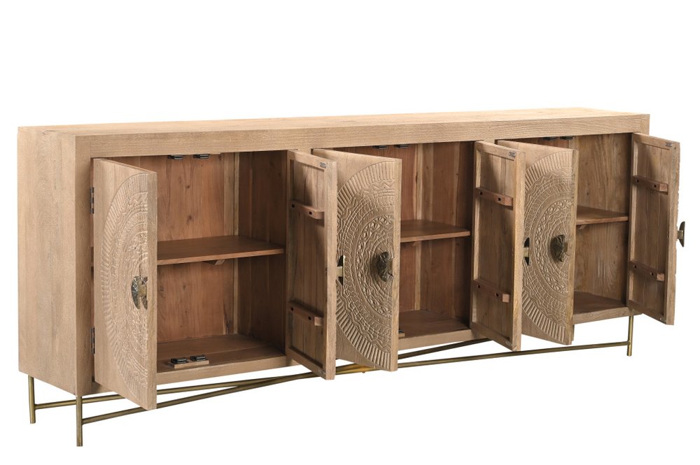 95" Natural And Antiqued Gold Solid Wood Carved Geometric Sideboard with Six Doors