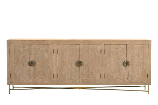 95" Natural And Antiqued Gold Solid Wood Carved Geometric Sideboard with Six Doors