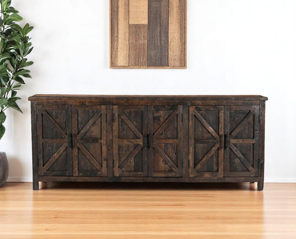 84" Dark Brown Distressed Reclaimed Wood Paneled Sideboard with Six Doors