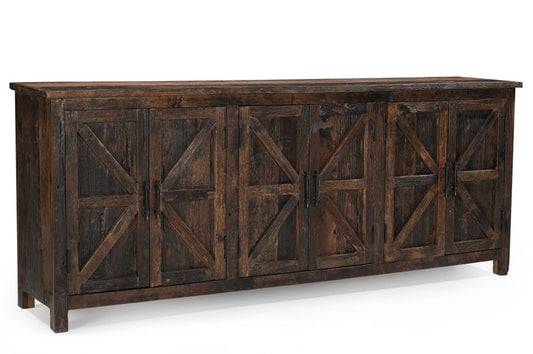 84" Dark Brown Distressed Reclaimed Wood Paneled Sideboard with Six Doors