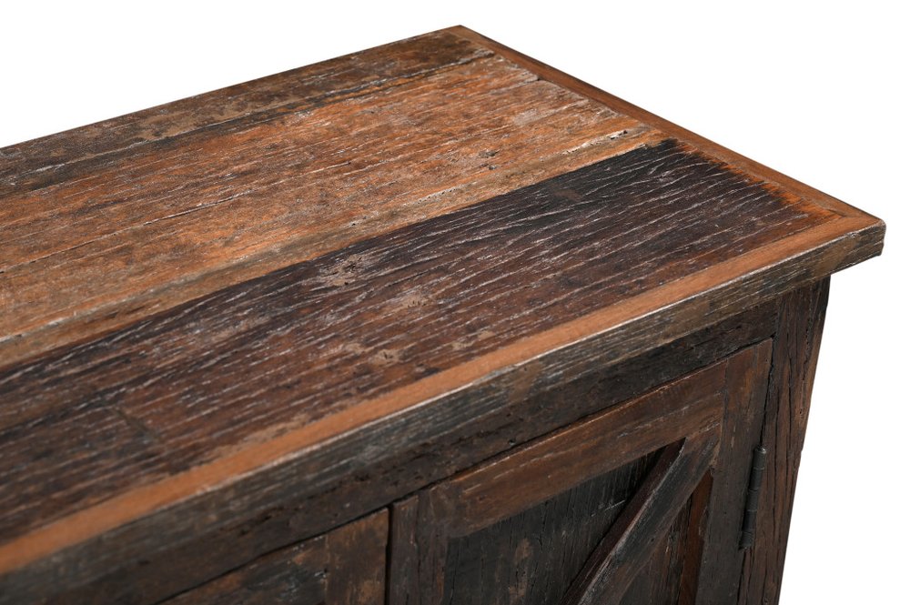 84" Dark Brown Distressed Reclaimed Wood Paneled Sideboard with Six Doors