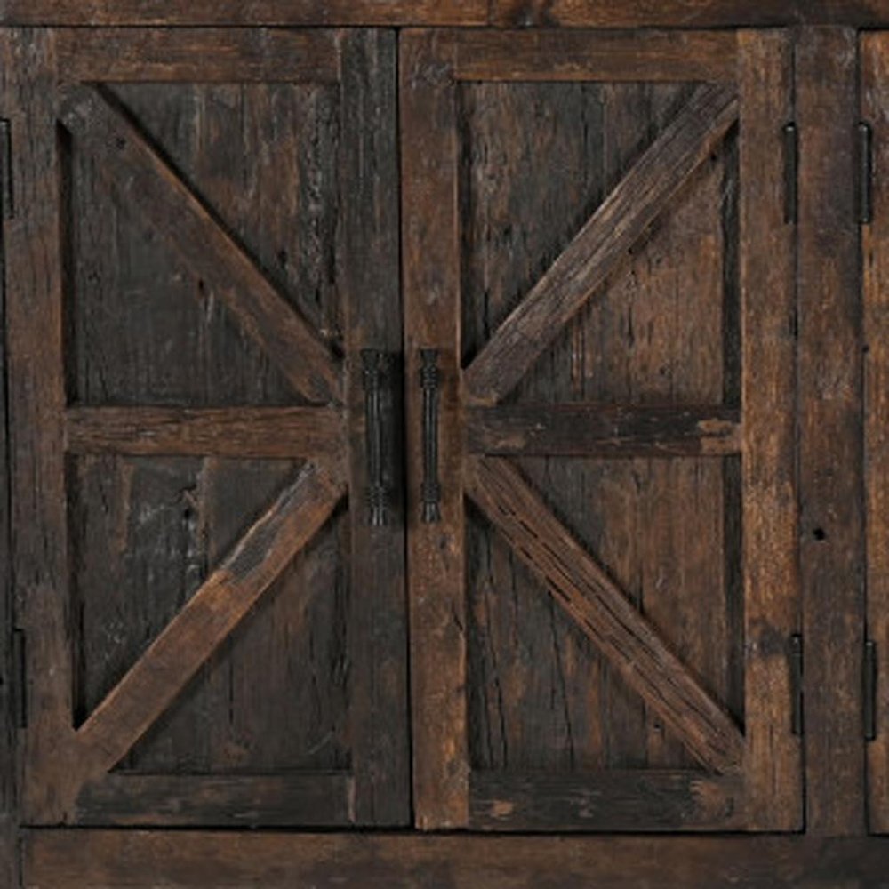 84" Dark Brown Distressed Reclaimed Wood Paneled Sideboard with Six Doors