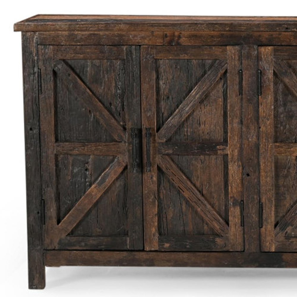 84" Dark Brown Distressed Reclaimed Wood Paneled Sideboard with Six Doors