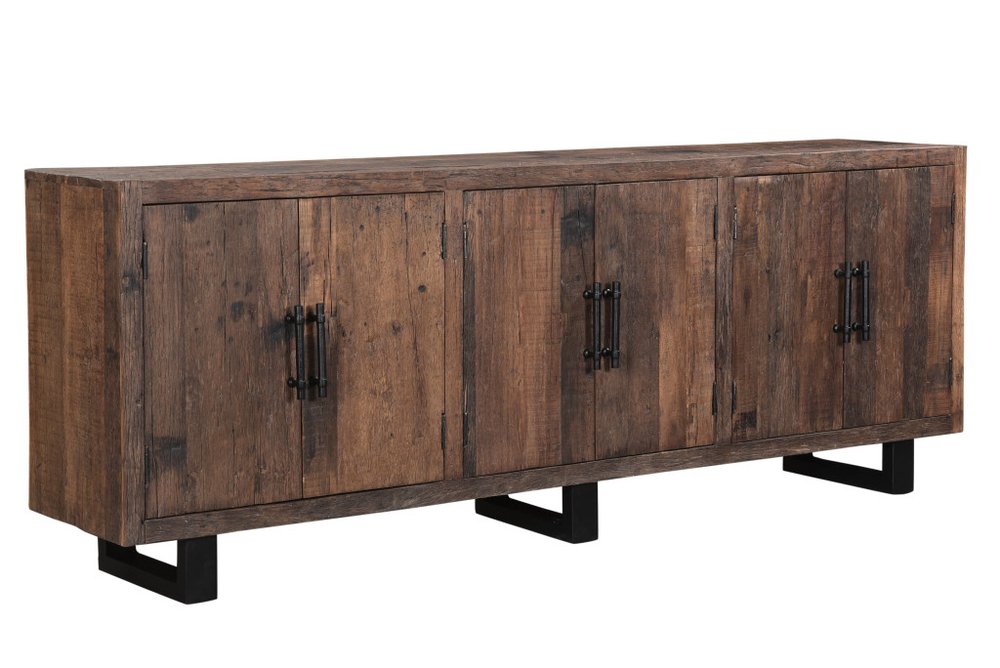 100" Dark Brown Distressed Reclaimed Wood Sideboard with Six Doors