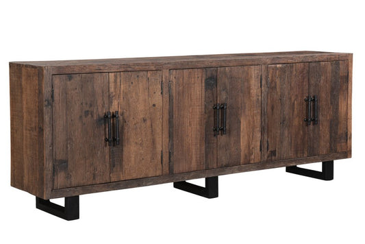 100" Dark Brown Distressed Reclaimed Wood Sideboard with Six Doors