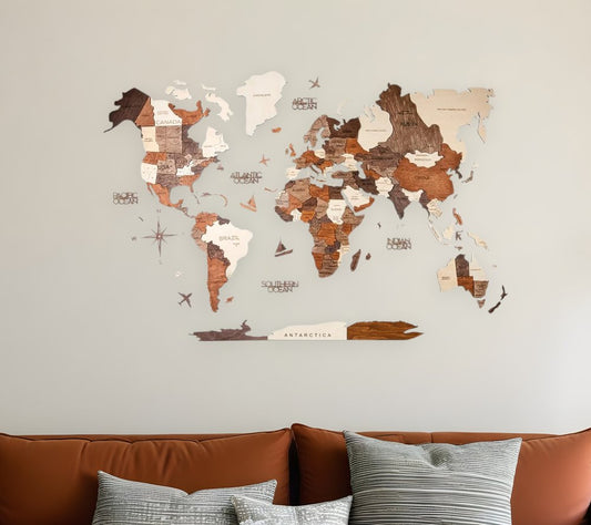 35" X 59" Brown and Beige Wood World Map Hanging Dimensional Sculpture