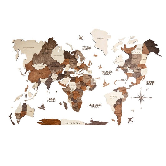47" X 79" Brown and Beige Wood World Map Hanging Dimensional Sculpture