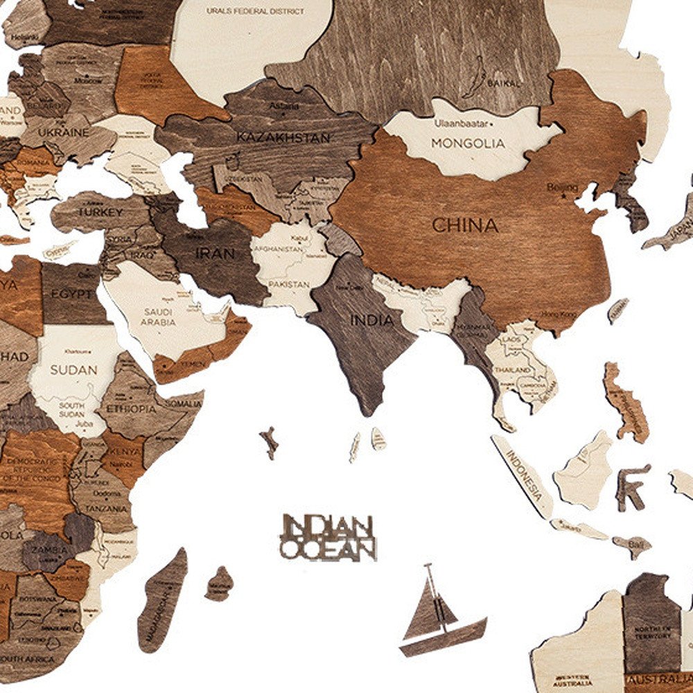 47" X 79" Brown and Beige Wood World Map Hanging Dimensional Sculpture
