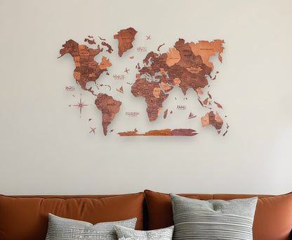 24" X 39" Brown and Tan Wood World Map Hanging Dimensional Sculpture