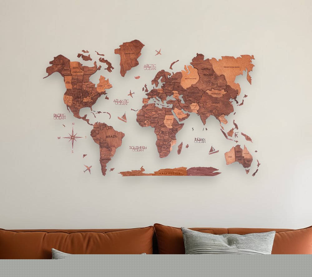 35" X 59" Brown and Tan Wood World Map Hanging Dimensional Sculpture