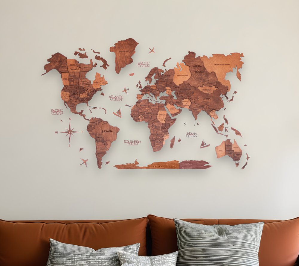 35" X 59" Brown and Tan Wood World Map Hanging Dimensional Sculpture