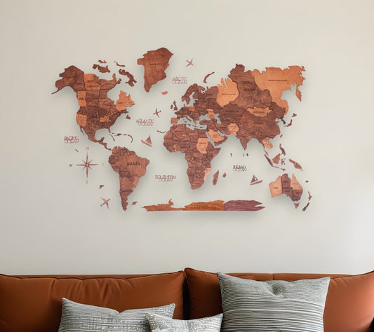 35" X 59" Brown and Tan Wood World Map Hanging Dimensional Sculpture