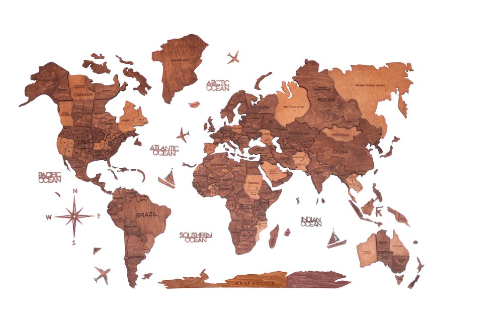 47" X 79" Brown and Tan Wood World Map Hanging Dimensional Sculpture