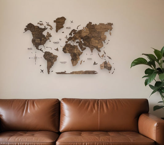 24" X 39" Brown Wood World Map Hanging Dimensional Sculpture
