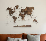 35" X 59" Dark Brown Wood World Map Hanging Dimensional Sculpture
