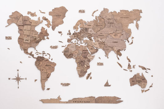 24" X 39" Brown World Map Hanging Dimensional Sculpture