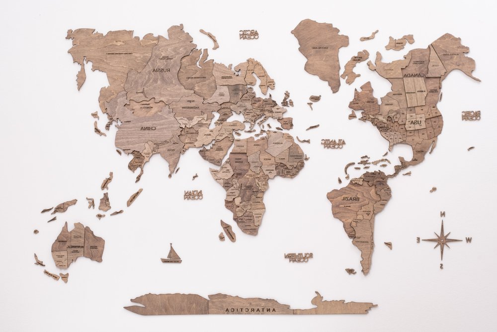 24" X 39" Wood Brown Wood World Map Hanging Dimensional Sculpture