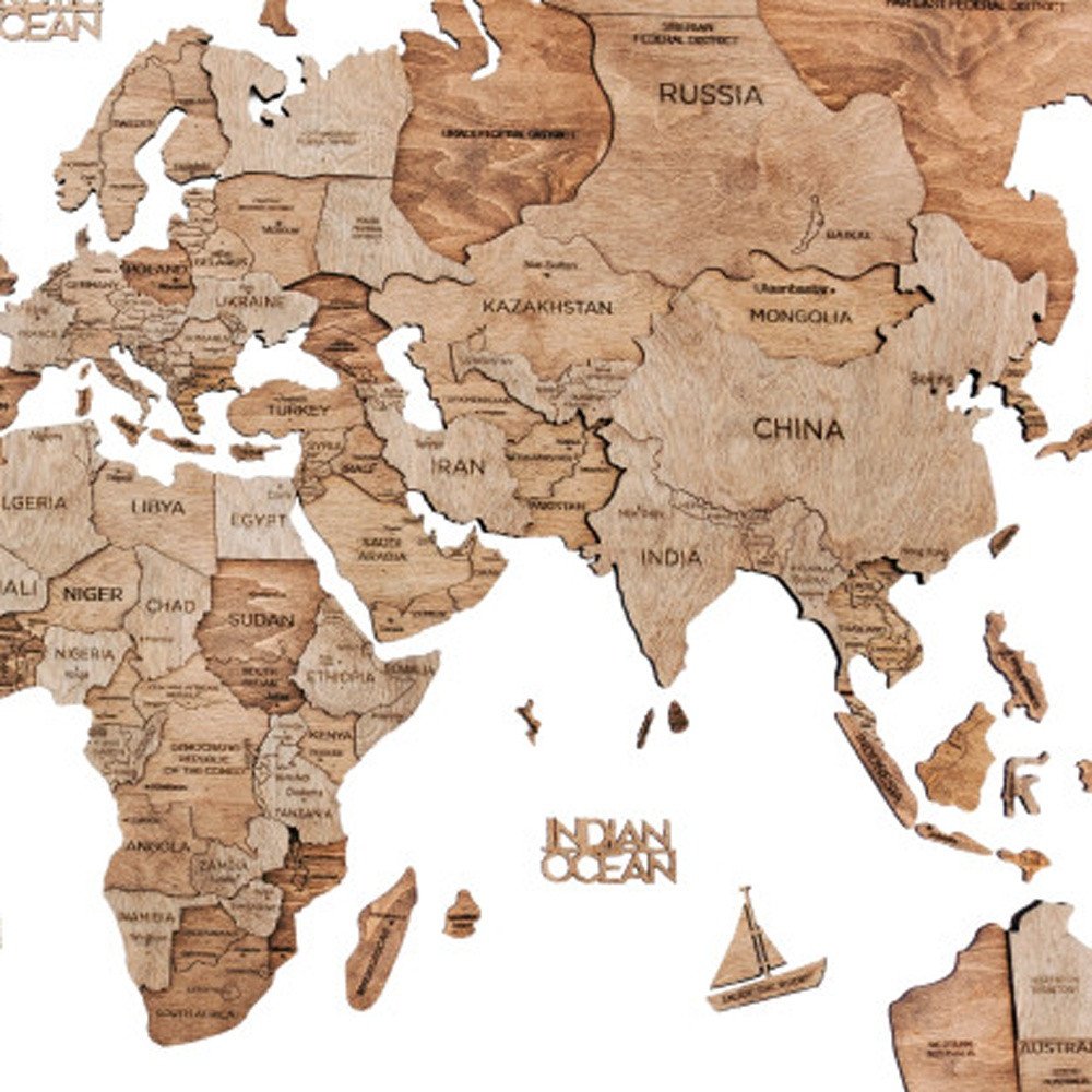 35" X 59" Wood Brown Wood World Map Hanging Dimensional Sculpture