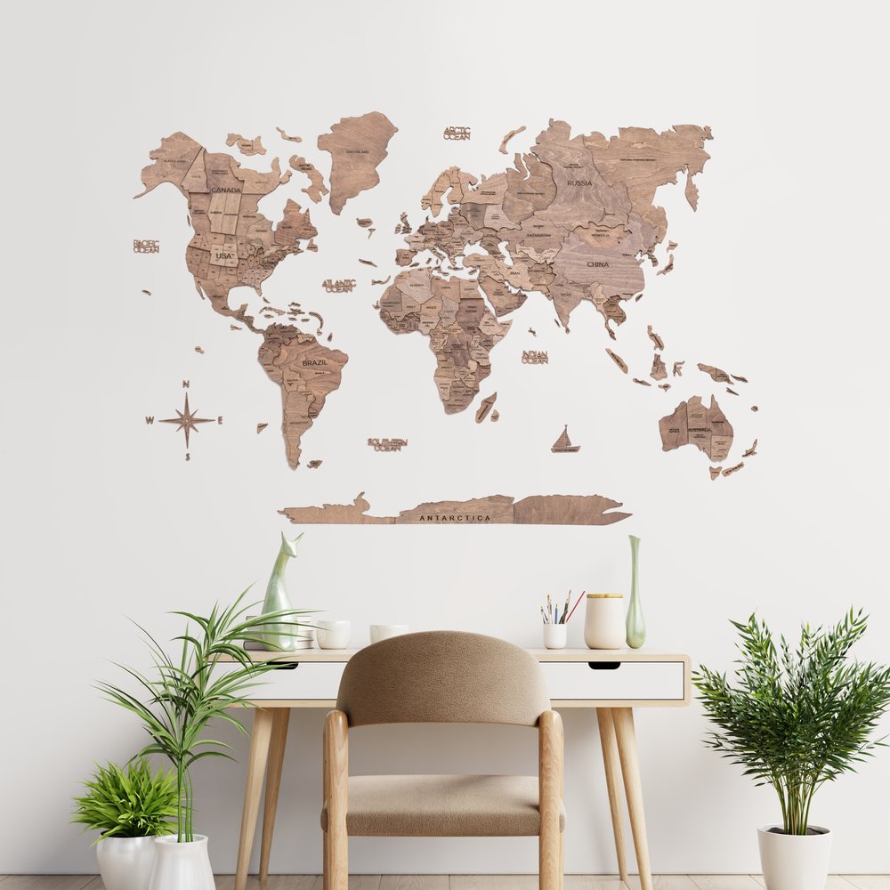 35" X 59" Wood Brown Wood World Map Hanging Dimensional Sculpture