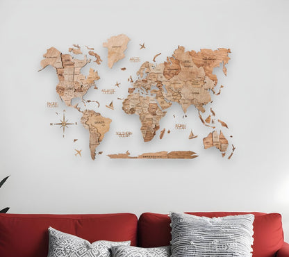 35" X 59" Wood Brown Wood World Map Hanging Dimensional Sculpture