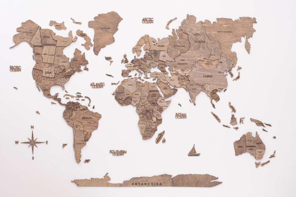 47" X 79" Wood Brown Wood World Map Hanging Dimensional Sculpture