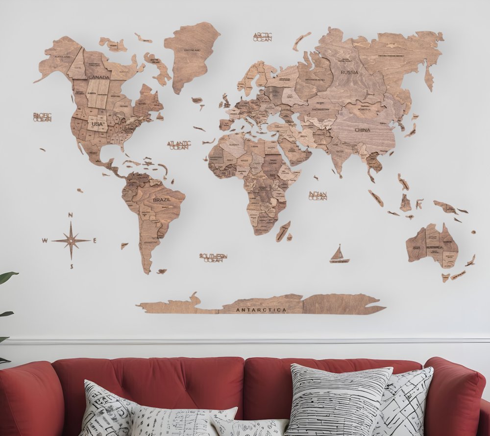 47" X 79" Wood Brown Wood World Map Hanging Dimensional Sculpture