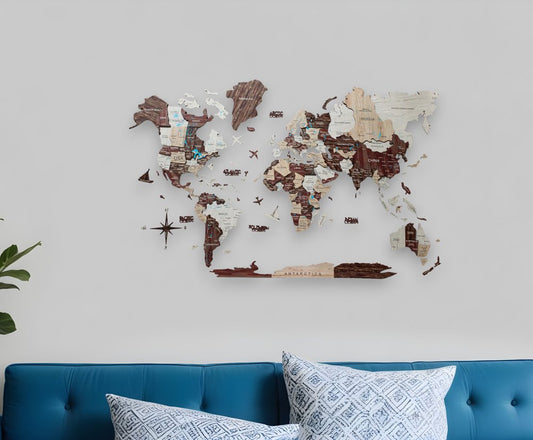 24" X 39" Brown and Beige Wood World Map Hanging Dimensional Sculpture