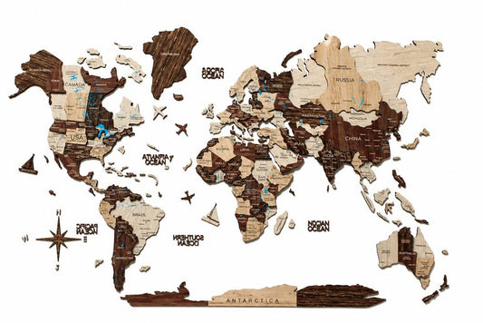 35" X 59" Beige And Brown World Map Hanging Dimensional Sculpture