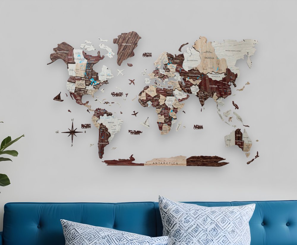 35" X 59" Brown and Beige Wood World Map Hanging Dimensional Sculpture
