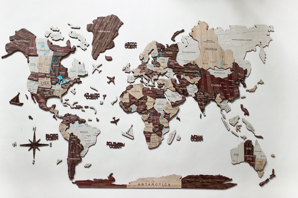 47" X 79" Brown and Beige Wood World Map Hanging Dimensional Sculpture