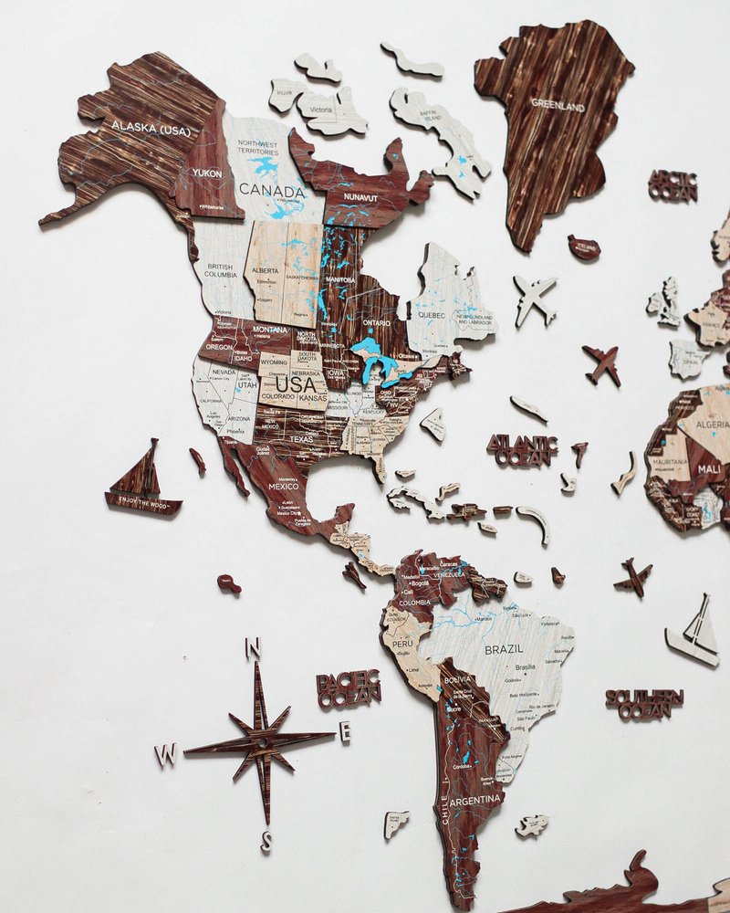 47" X 79" Brown and Beige Wood World Map Hanging Dimensional Sculpture