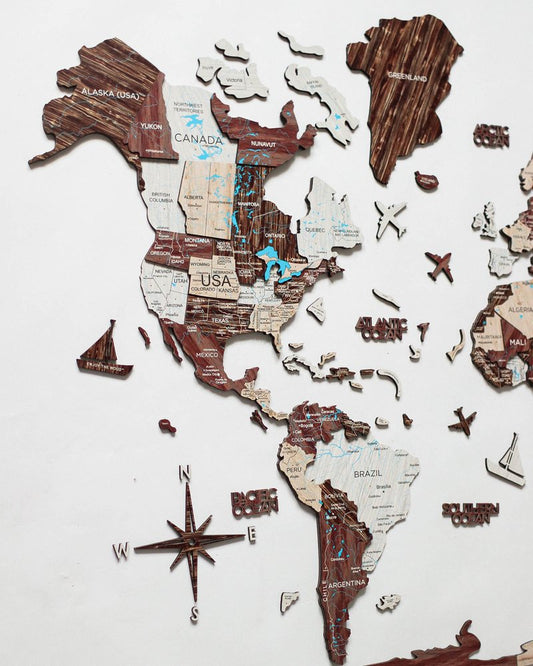 47" X 79" Brown and Beige Wood World Map Hanging Dimensional Sculpture