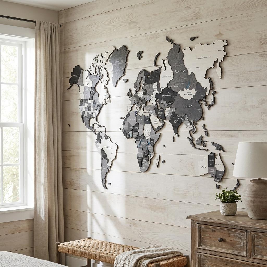 35" X 59" Black Gray And White World Map Wood Hanging Dimensional Sculpture
