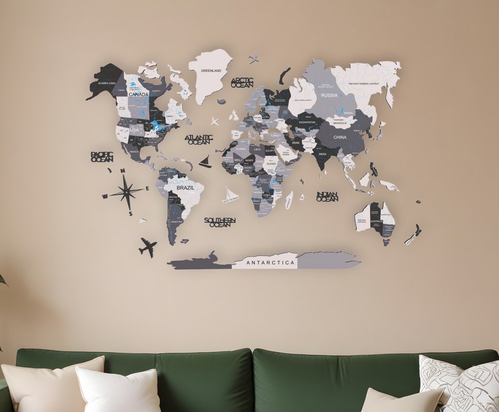 35" X 59" Black Gray and White Wood World Map Hanging Dimensional Sculpture