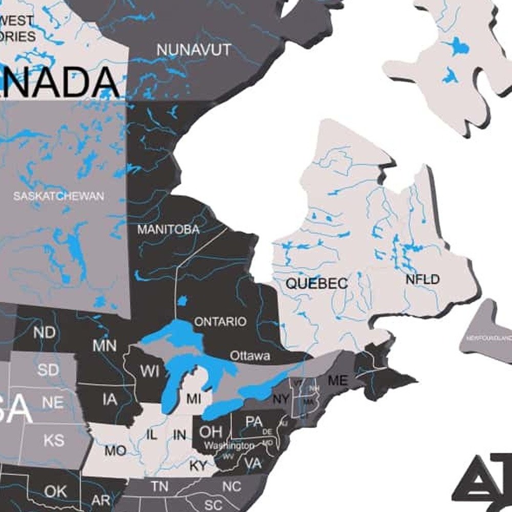 35" X 59" Black Gray and White Wood World Map Hanging Dimensional Sculpture