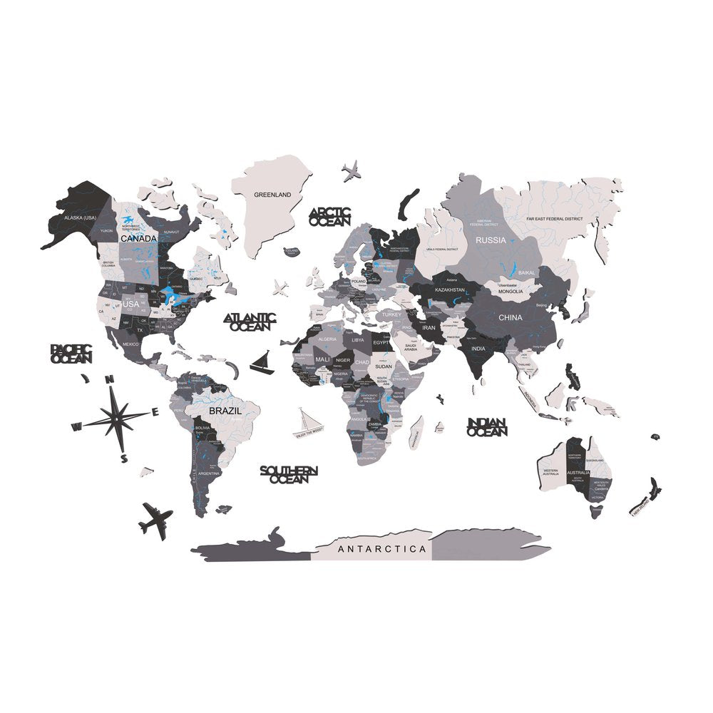 47" X 79" Black Gray and White Wood World Map Hanging Dimensional Sculpture