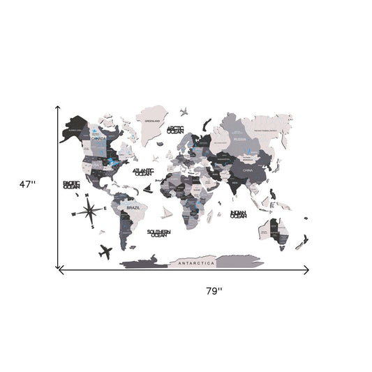 47" X 79" Black Gray And White World Map Wood Hanging Dimensional Sculpture