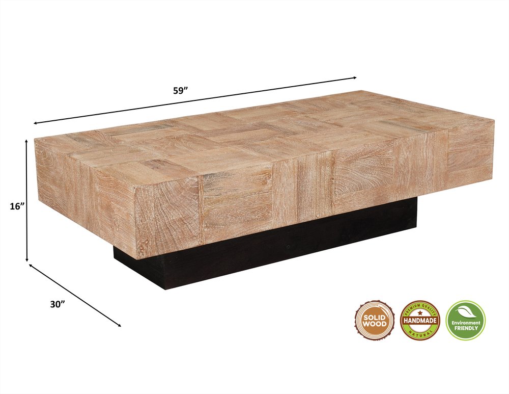 59" Natural and Black Solid Wood Block Coffee Table