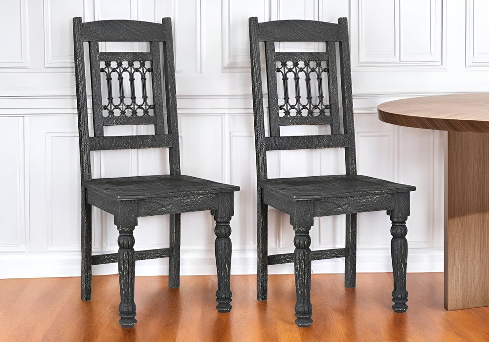 Set of Two Black Wood Slat Back Dining Side Chairs