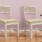 Set of Two Brown And White Upholstered Fabric Carved Back Dining Side Chairs