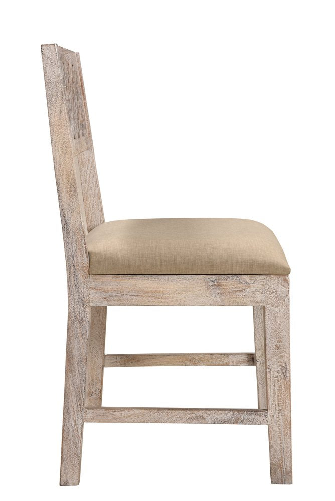 Set of Two Brown And White Upholstered Fabric Carved Back Dining Side Chairs