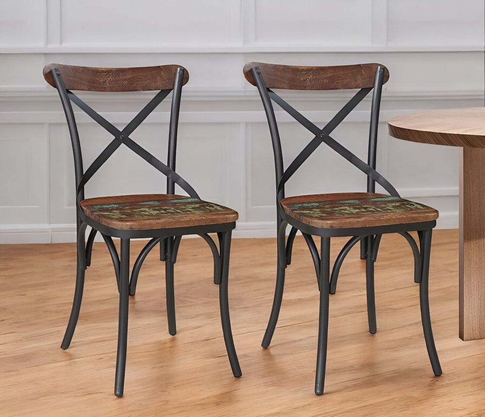 Set of Two Brown And Black Metal And Wood Cross Back Dining Side Chairs