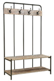 71" Black And Brown Metal And Solid Wood Four Hooks Freestanding Coat Rack