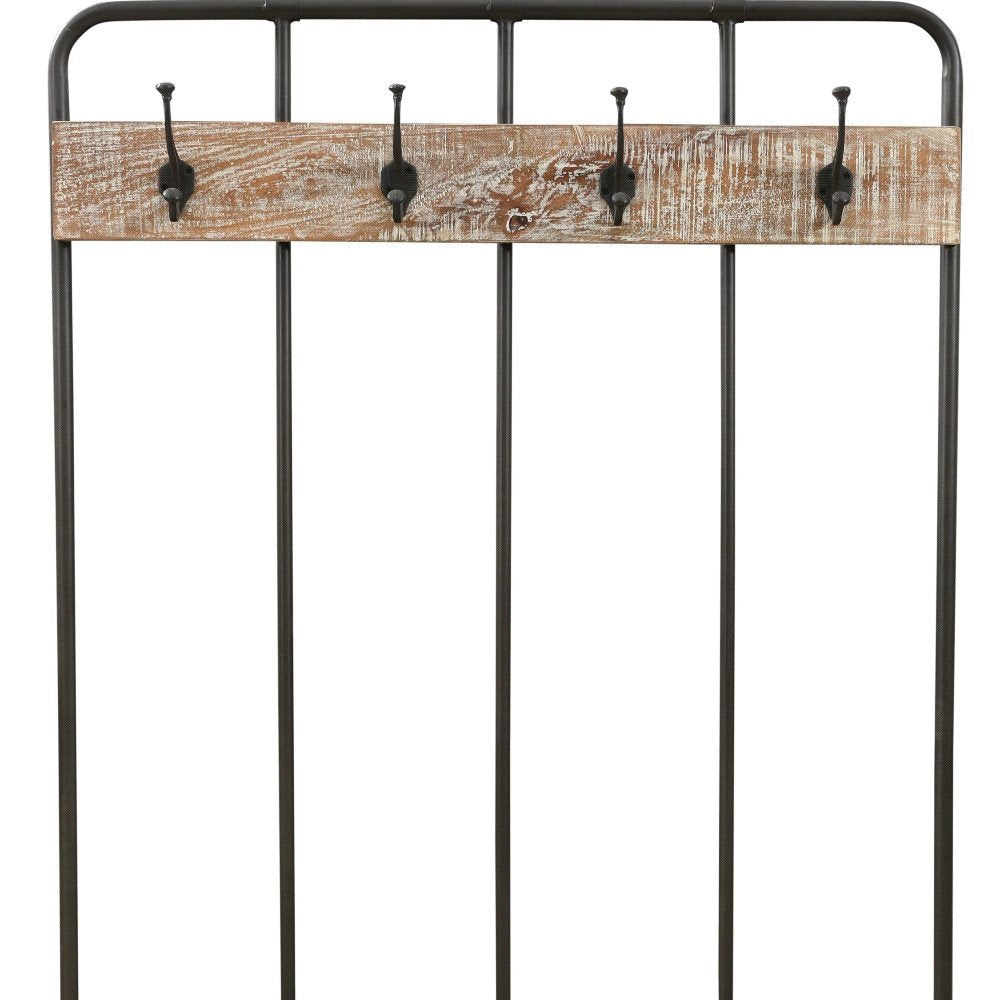 71" Black And Brown Metal And Solid Wood Four Hooks Freestanding Coat Rack