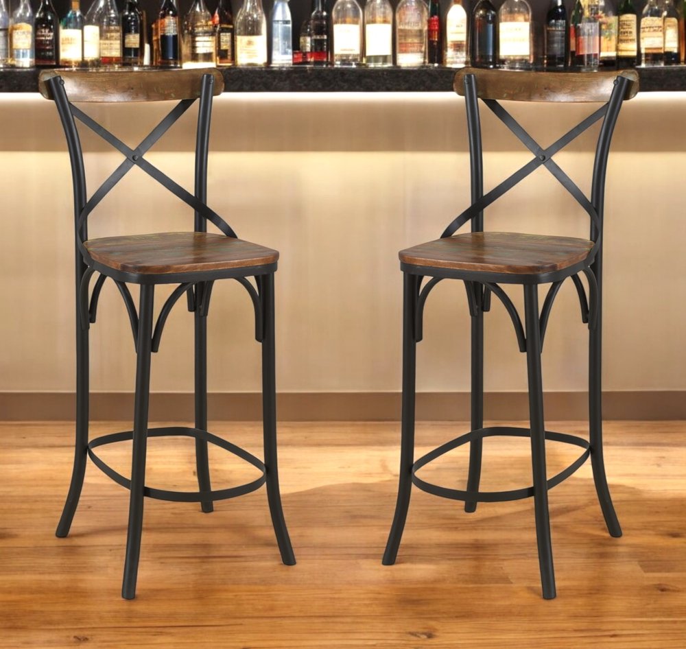 30" Brown and Black Solid Wood and Metal Counter Height Bar Chair