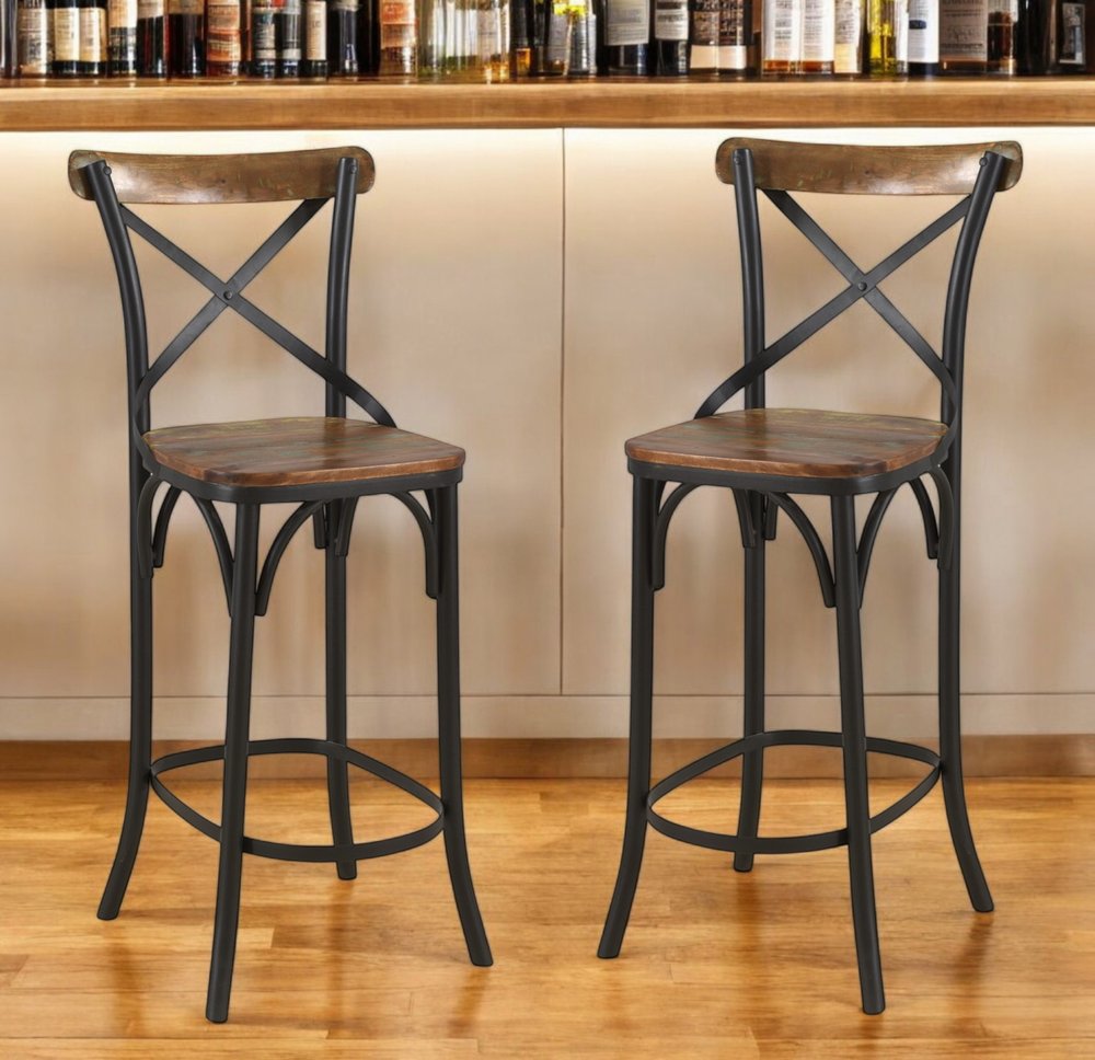 30" Brown and Black Solid Wood and Metal Counter Height Bar Chair