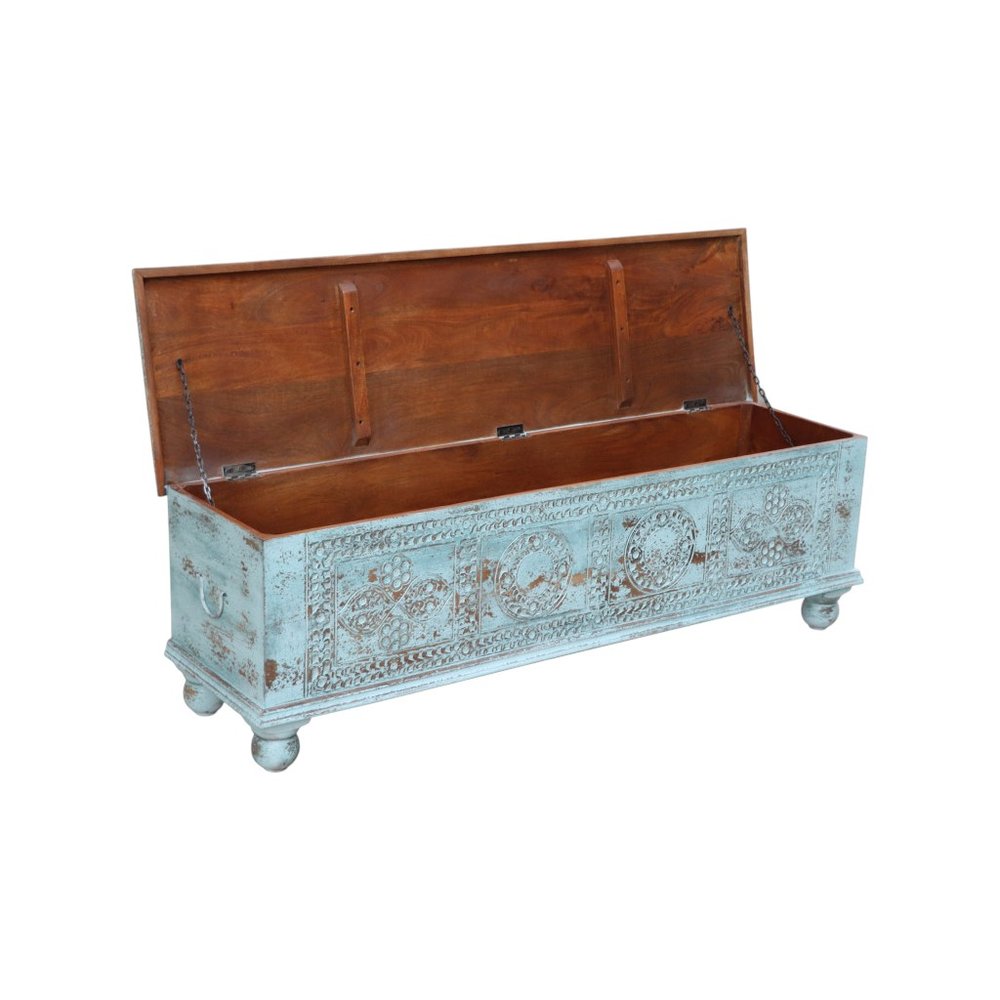 54" Aqua Carved And Distressed Solid Wood Lift Top Coffee Table