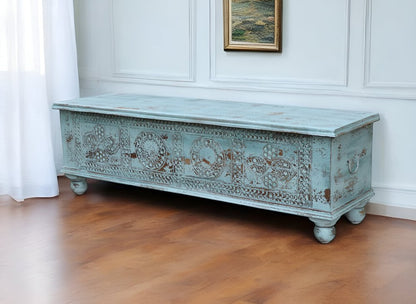 54" Aqua Carved And Distressed Solid Wood Lift Top Coffee Table