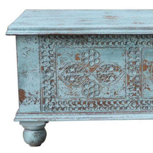54" Aqua Carved And Distressed Solid Wood Lift Top Coffee Table